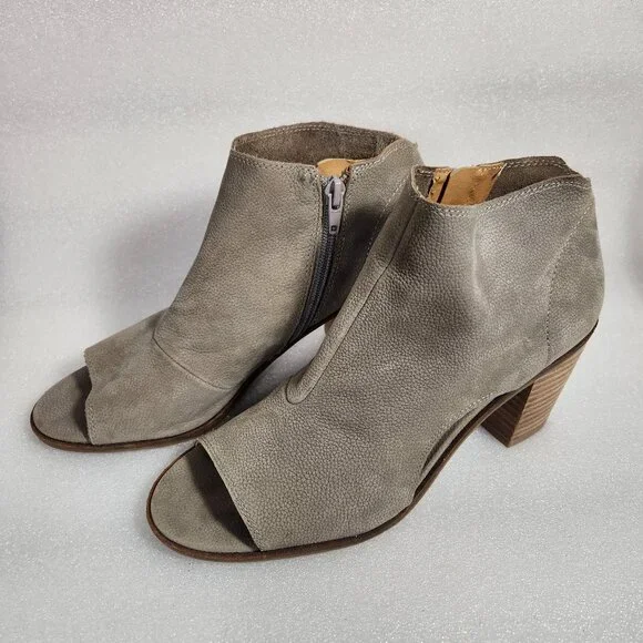 Lucky Brand Gray Leather Kasima Peep Toe Block Heel Booties 8M - Picture 1 of 14
